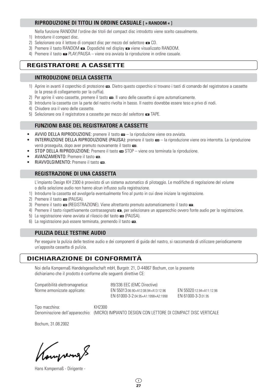 Kompernass KH 2300 manual Riproduzione DI Titoli in Ordine Casuale » Random «, Funzioni Base DEL Registratore a Cassette 