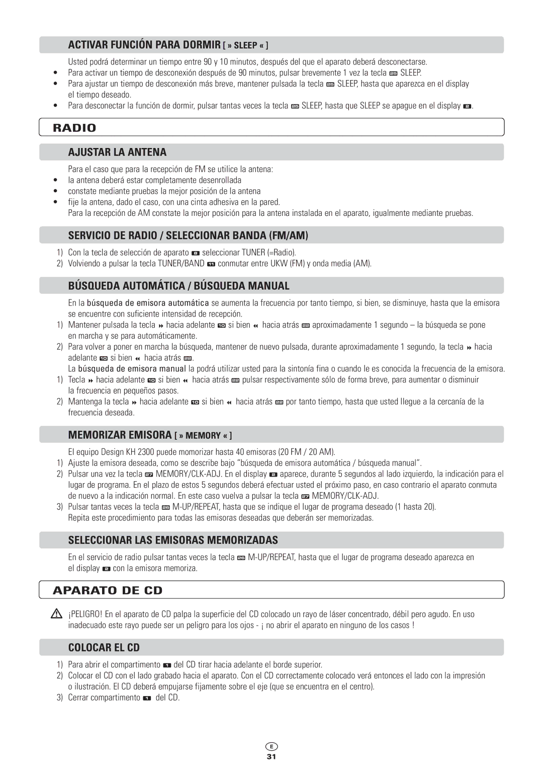 Kompernass KH 2300 Activar Función Para Dormir » Sleep «, Radio Ajustar LA Antena, Búsqueda Automática / Búsqueda Manual 