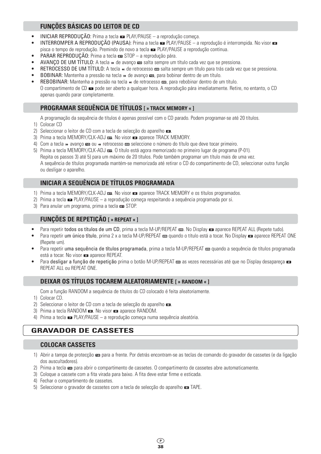 Kompernass KH 2300 manual Funções Básicas do Leitor DE CD, Programar Sequência DE Títulos » Track Memory « 