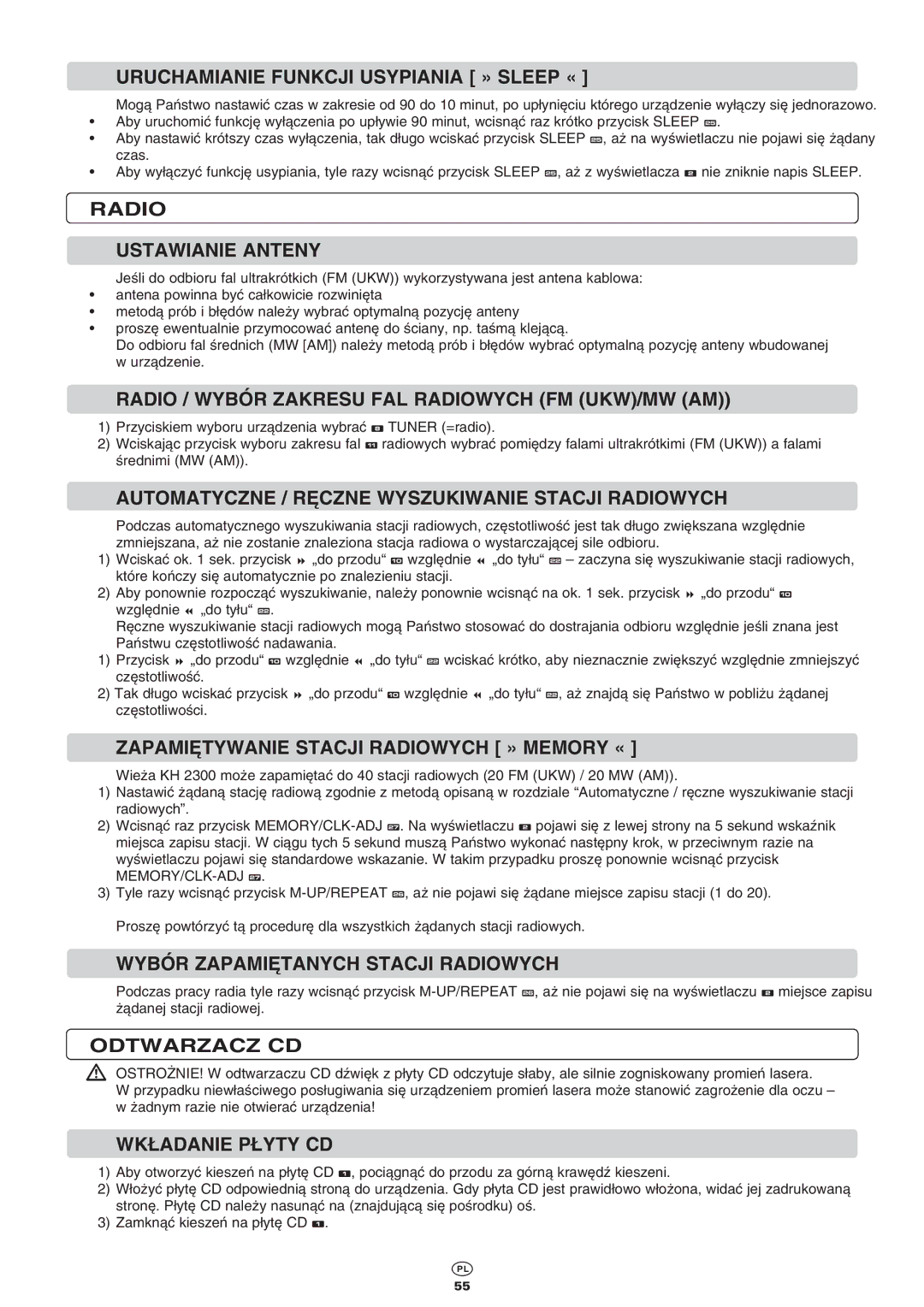 Kompernass KH 2300 manual Uruchamianie Funkcji Usypiania » Sleep « 