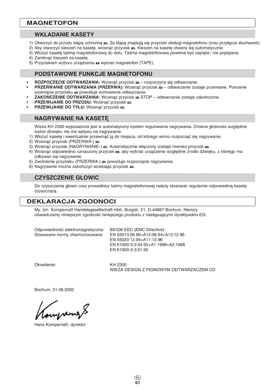 Kompernass KH 2300 manual Magnetofon WK¸ADANIE Kasety 