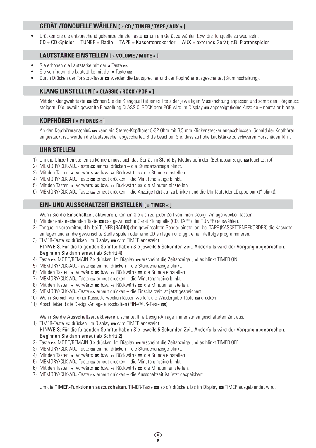 Kompernass KH 2300 manual Lautstärke Einstellen » Volume / Mute «, UHR Stellen, EIN- UND Ausschaltzeit Einstellen » Timer « 