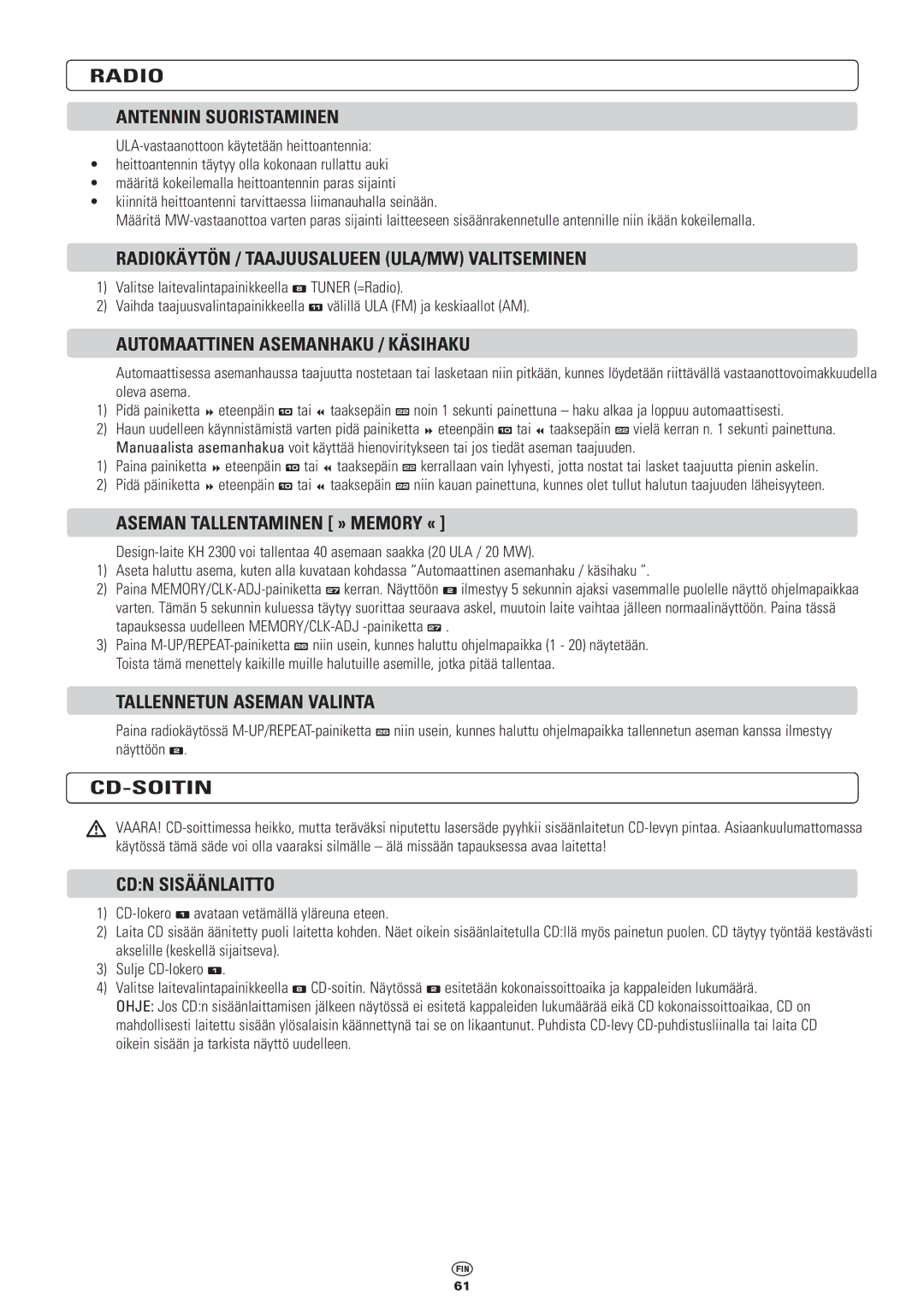 Kompernass KH 2300 manual Radio Antennin Suoristaminen, Radiokäytön / Taajuusalueen ULA/MW Valitseminen, Cd-Soitin 