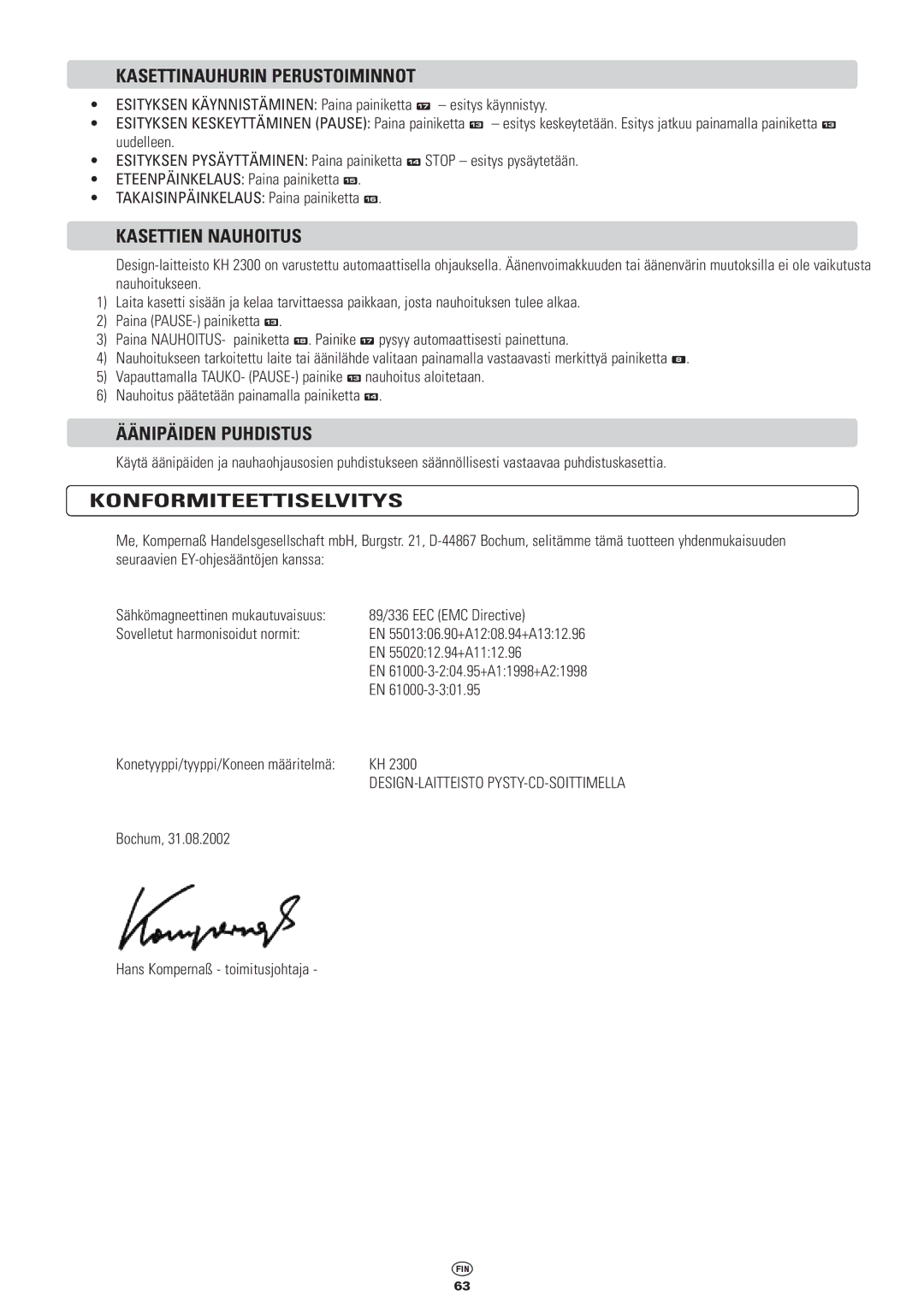 Kompernass KH 2300 manual Kasettinauhurin Perustoiminnot, Kasettien Nauhoitus, Äänipäiden Puhdistus, Konformiteettiselvitys 