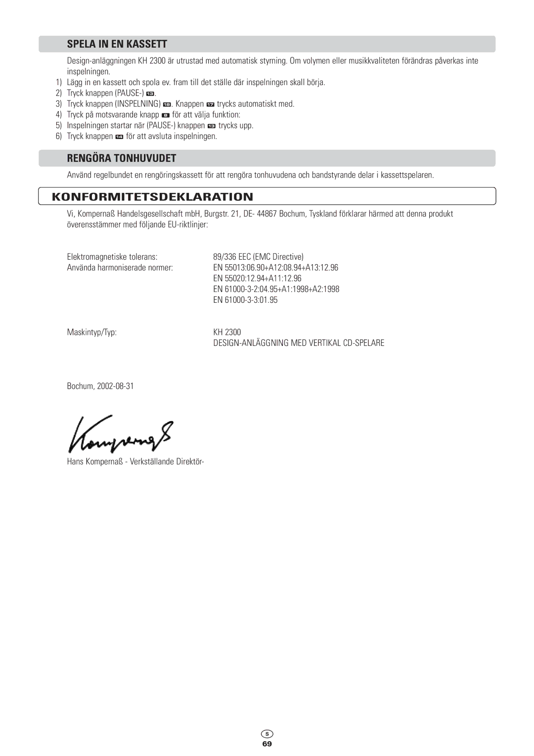 Kompernass KH 2300 manual Spela in EN Kassett, Rengöra Tonhuvudet, Konformitetsdeklaration 