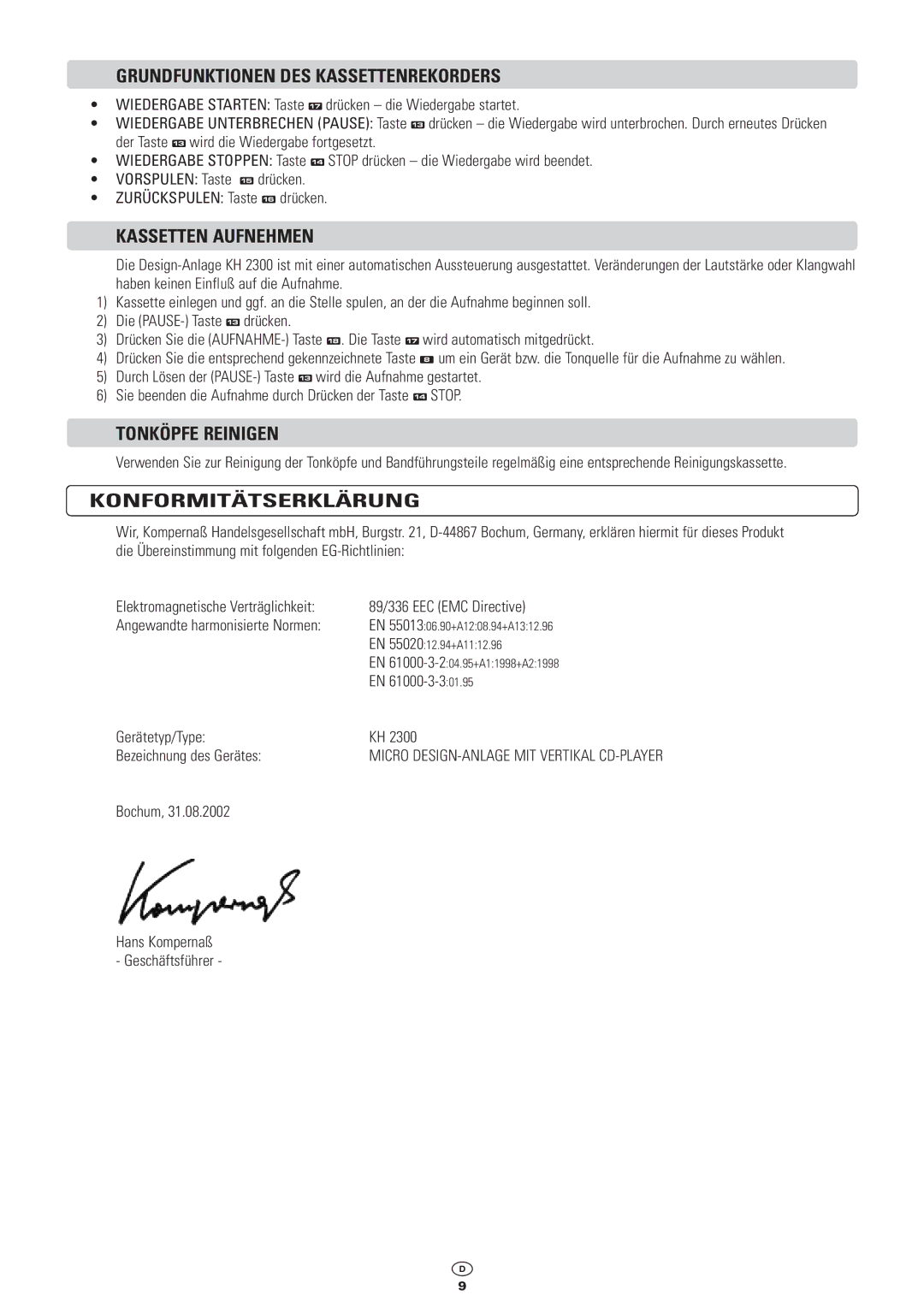 Kompernass KH 2300 Grundfunktionen DES Kassettenrekorders, Kassetten Aufnehmen, Tonköpfe Reinigen, Konformitätserklärung 