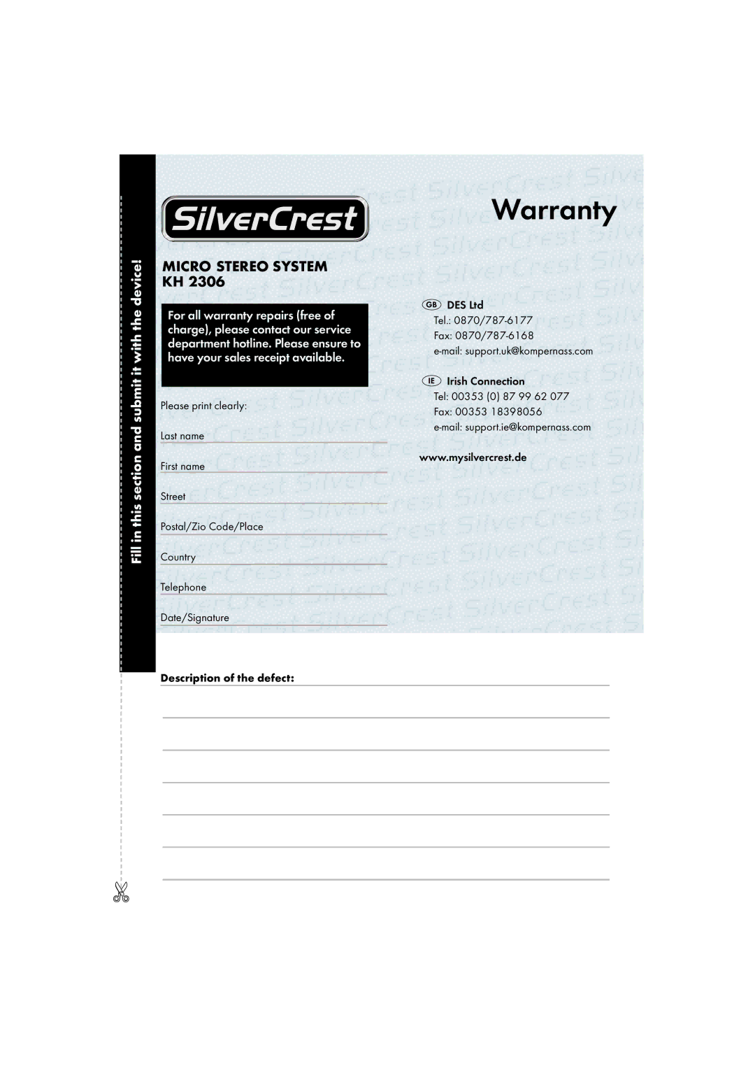 Kompernass KH 2306 operating instructions Warranty 