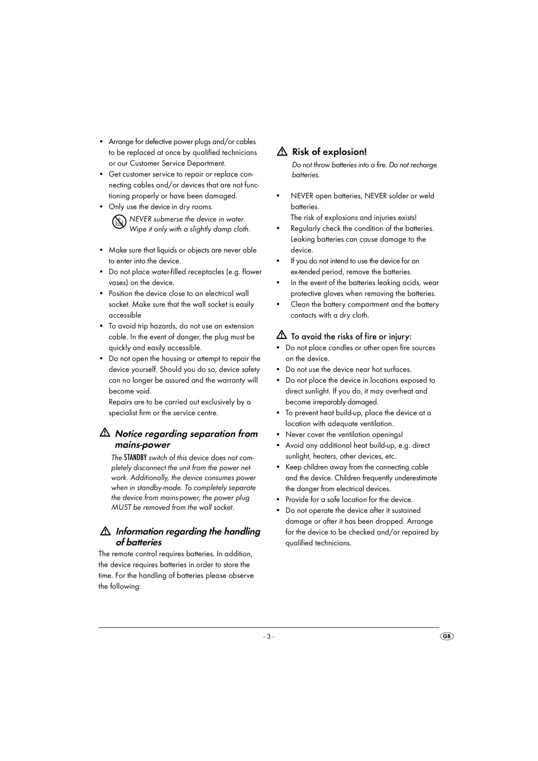 Kompernass KH 2306 operating instructions Information regarding the handling of batteries, Risk of explosion 