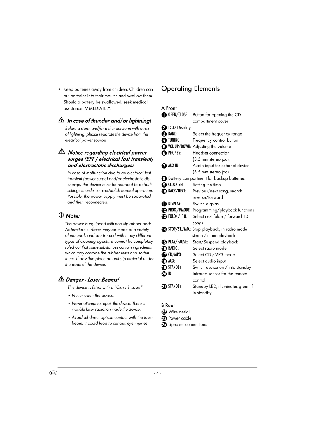 Kompernass KH 2306 operating instructions Operating Elements, Case of thunder and/or lightning 