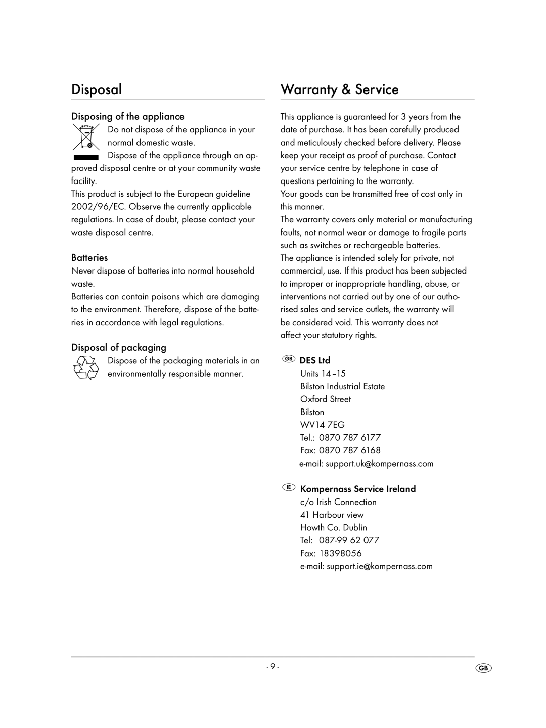 Kompernass KH 2308 Warranty & Service, Disposing of the appliance, Batteries, Disposal of packaging 