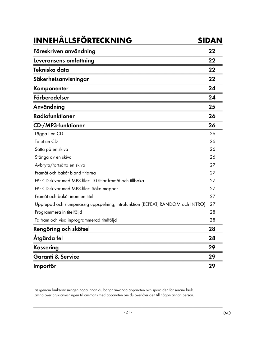 Kompernass KH 2308 operating instructions Innehållsförteckning Sidan 