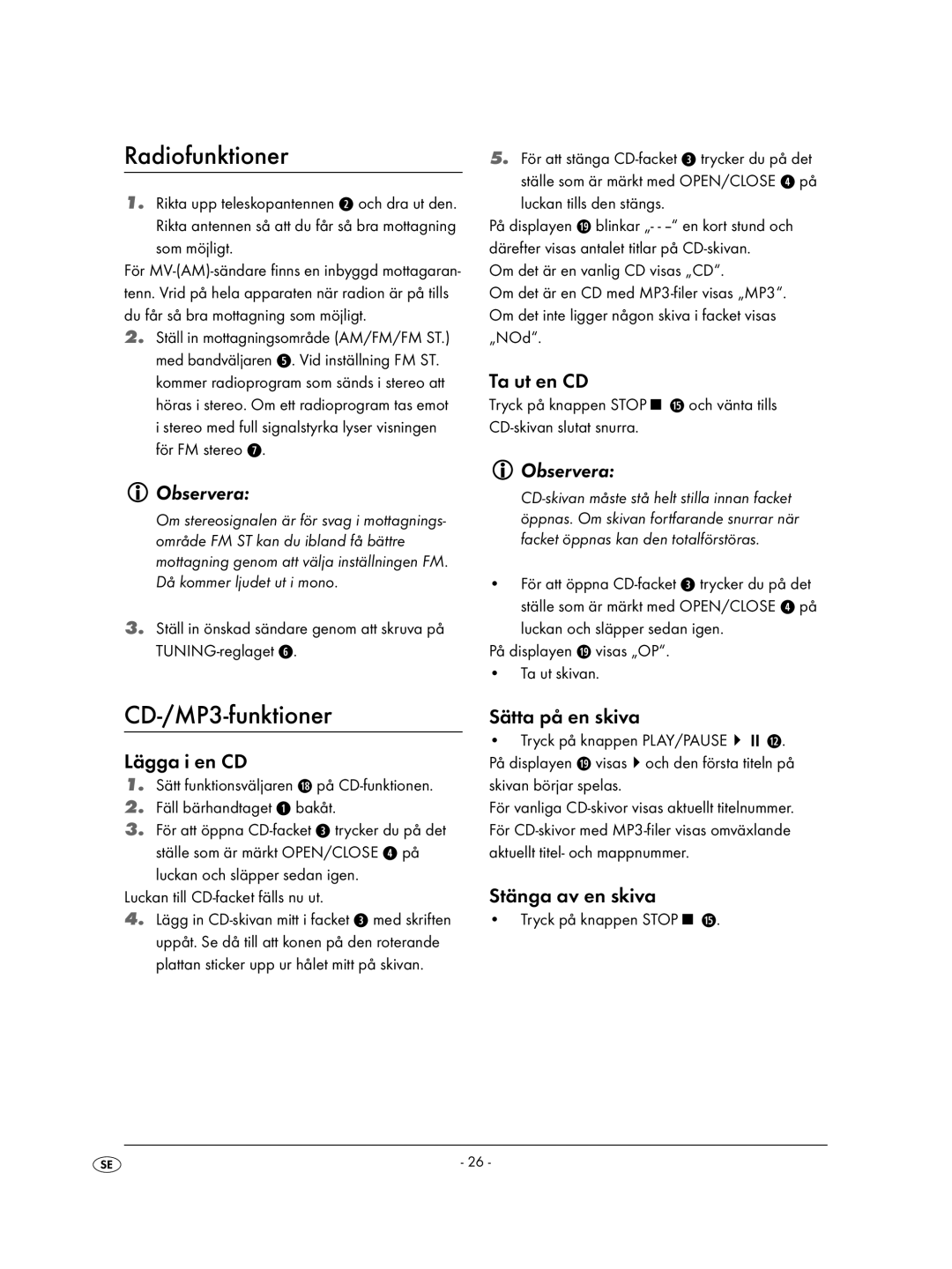 Kompernass KH 2308 operating instructions Radiofunktioner, CD-/MP3-funktioner 