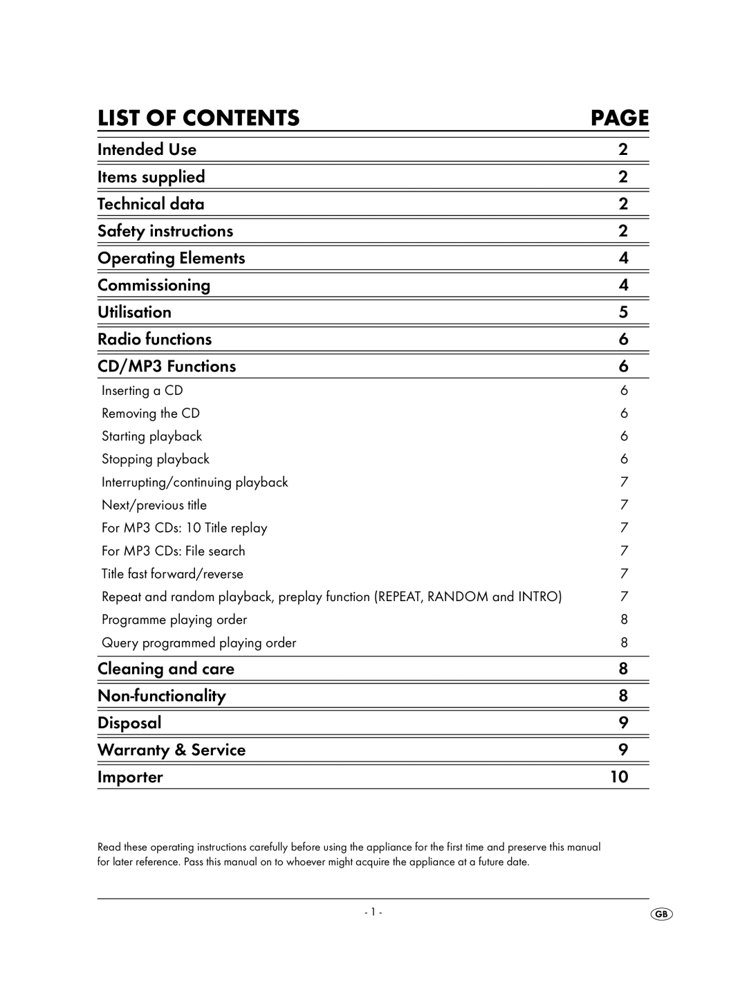 Kompernass KH 2308 operating instructions List of Contents 