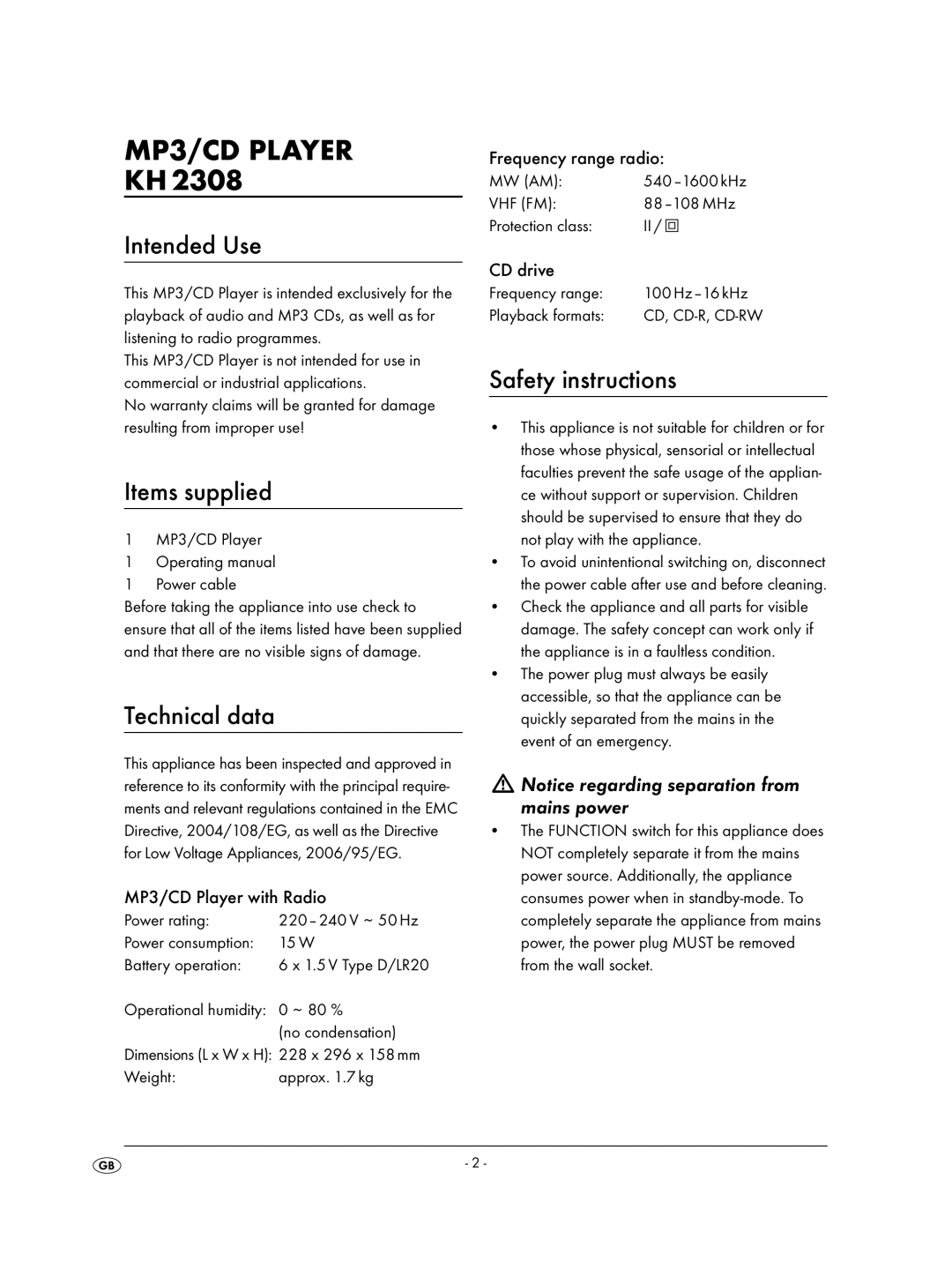 Kompernass KH 2308 operating instructions MP3/CD Player, Intended Use, Items supplied, Technical data, Safety instructions 