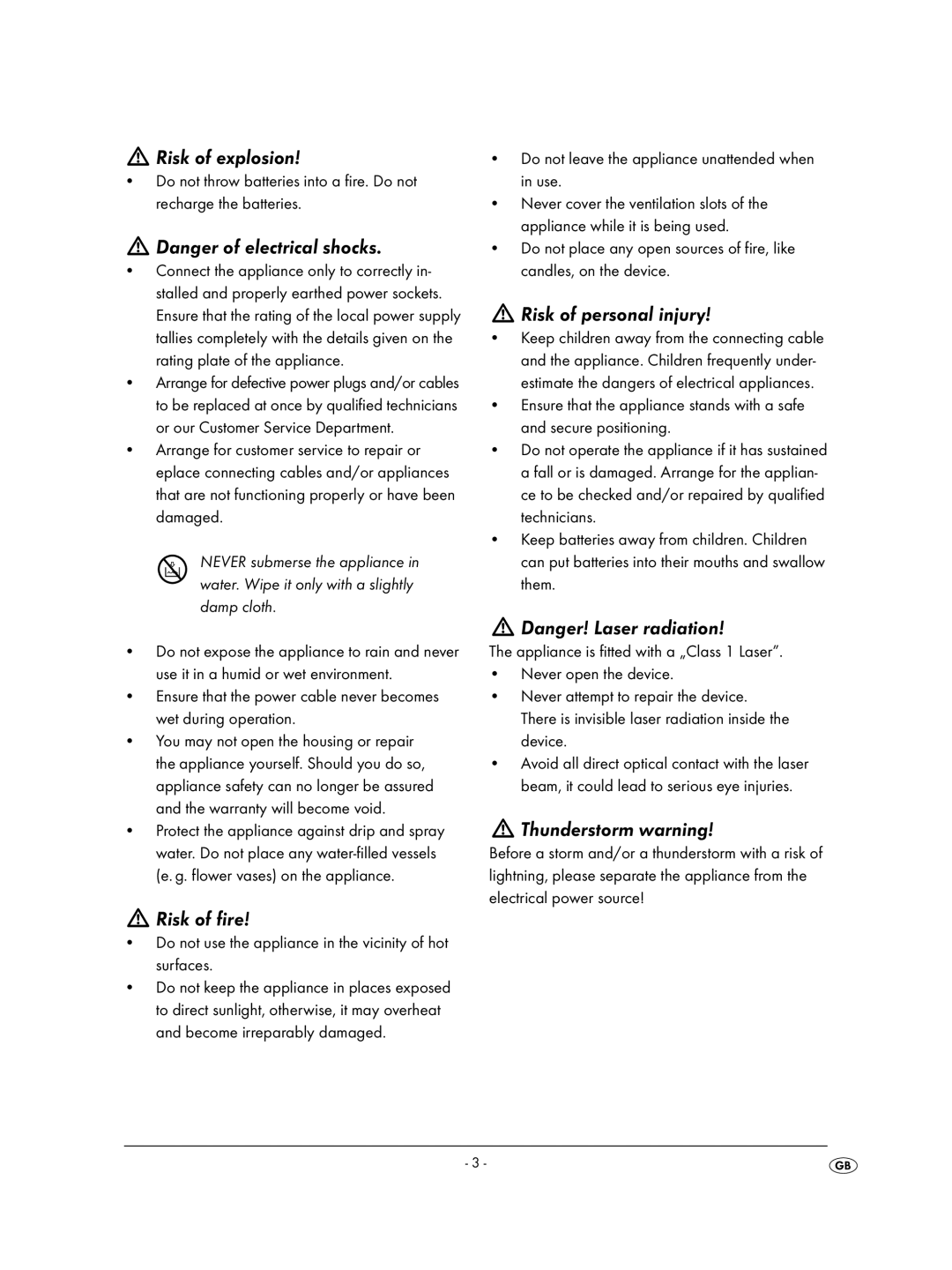 Kompernass KH 2308 operating instructions Risk of explosion, Risk of fire, Risk of personal injury, Thunderstorm warning 