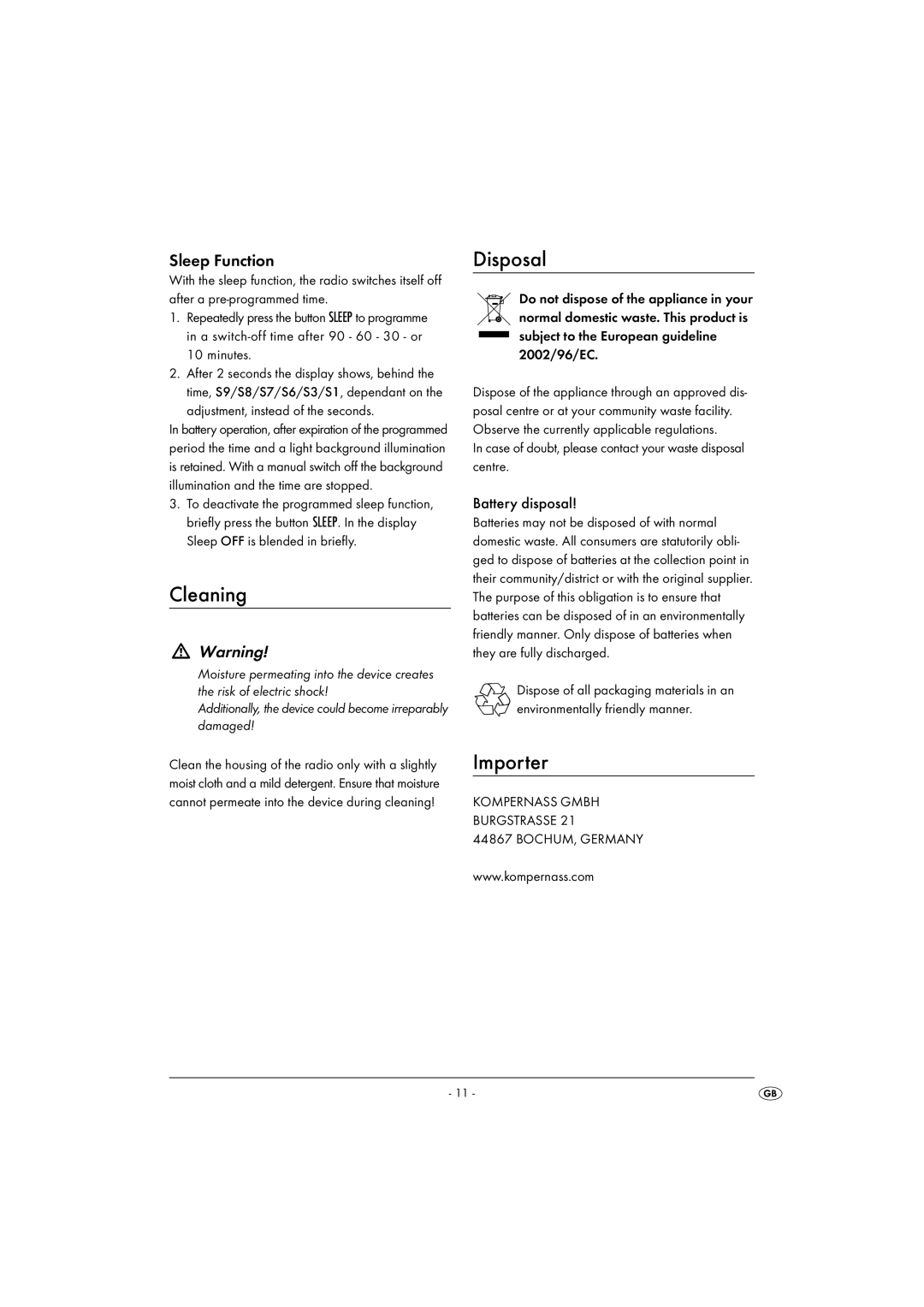 Kompernass KH 2314 manual Cleaning, Disposal, Importer, Sleep Function, Battery disposal 
