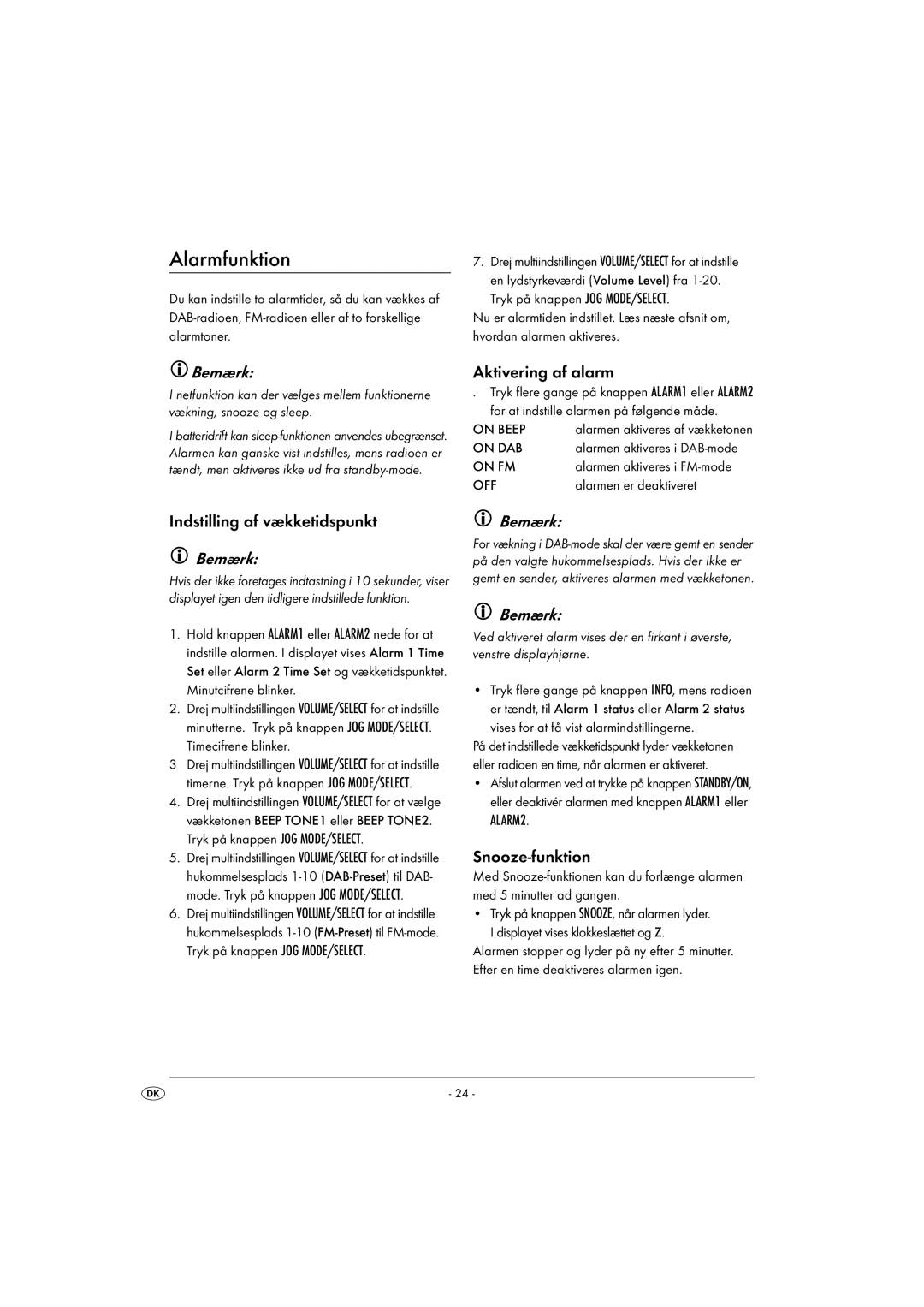 Kompernass KH 2314 manual Alarmfunktion, Aktivering af alarm, Indstilling af vækketidspunkt, Snooze-funktion 