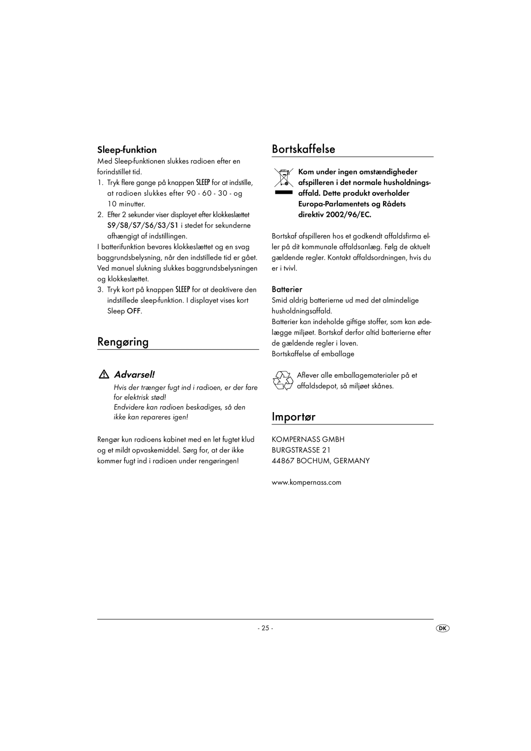 Kompernass KH 2314 manual Rengøring, Bortskaffelse, Importør, Sleep-funktion, Afhængigt af indstillingen 