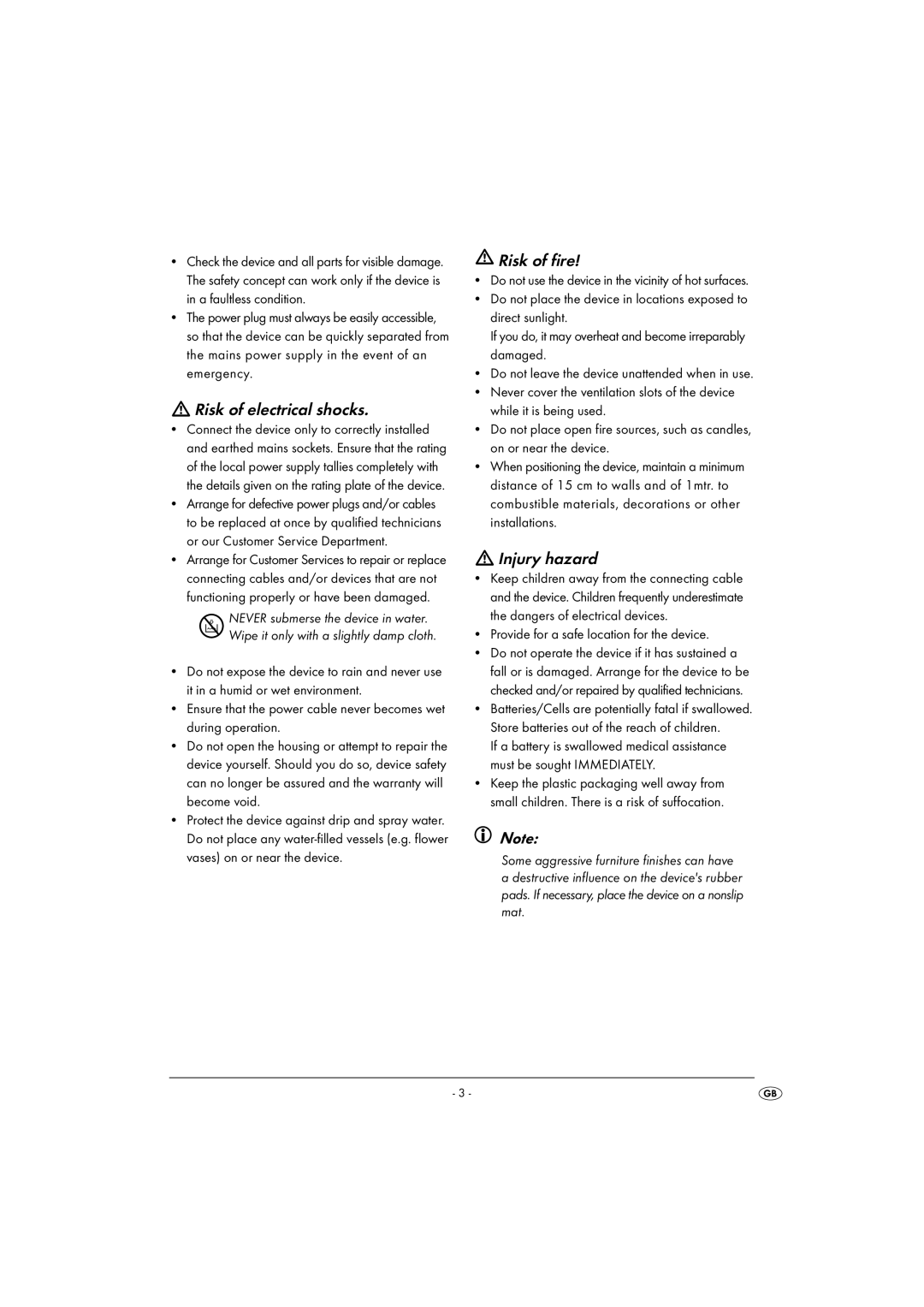 Kompernass KH 2314 manual Risk of electrical shocks, Provide for a safe location for the device 