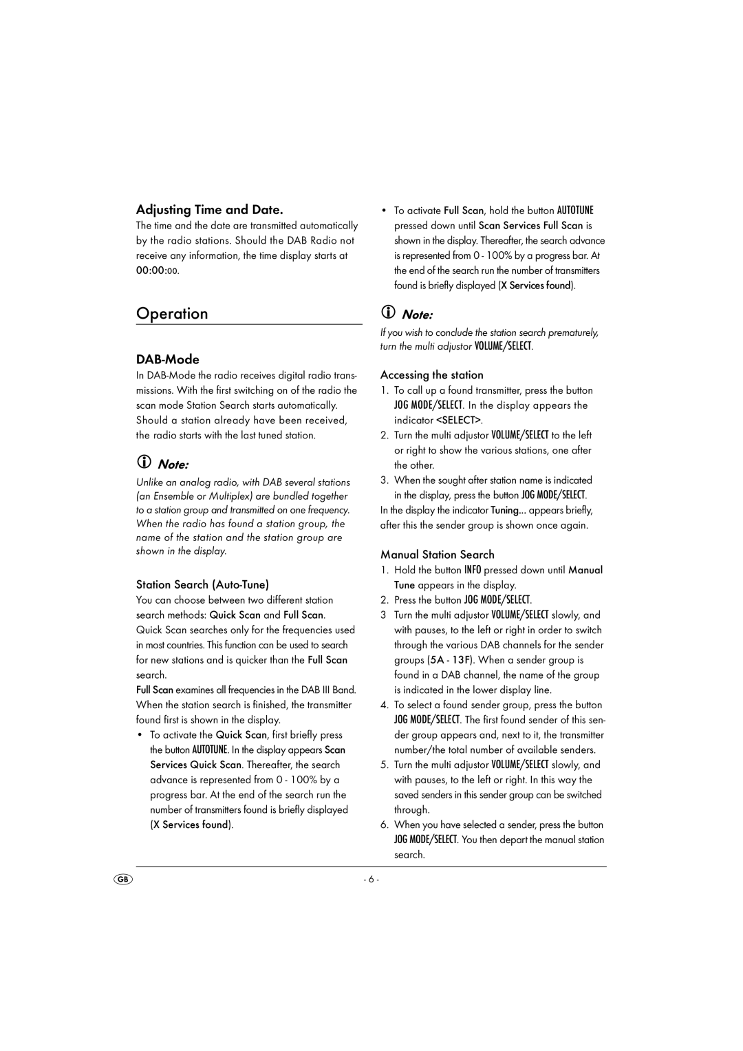 Kompernass KH 2314 manual Operation, Adjusting Time and Date, DAB-Mode 