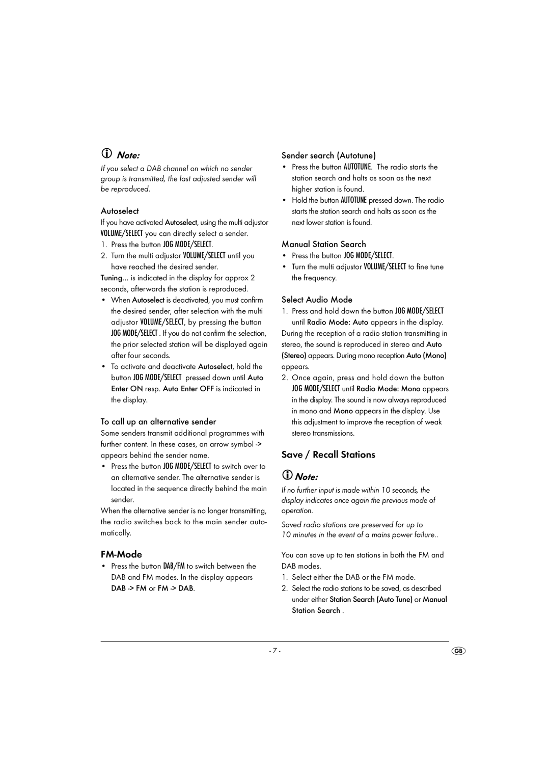 Kompernass KH 2314 manual FM-Mode, Save / Recall Stations 