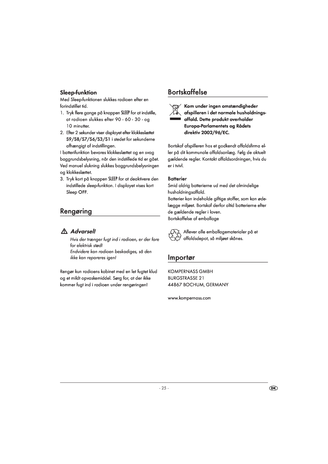 Kompernass KH 2314 manual Rengøring, Bortskaffelse, Importør, Sleep-funktion, Advarsel 