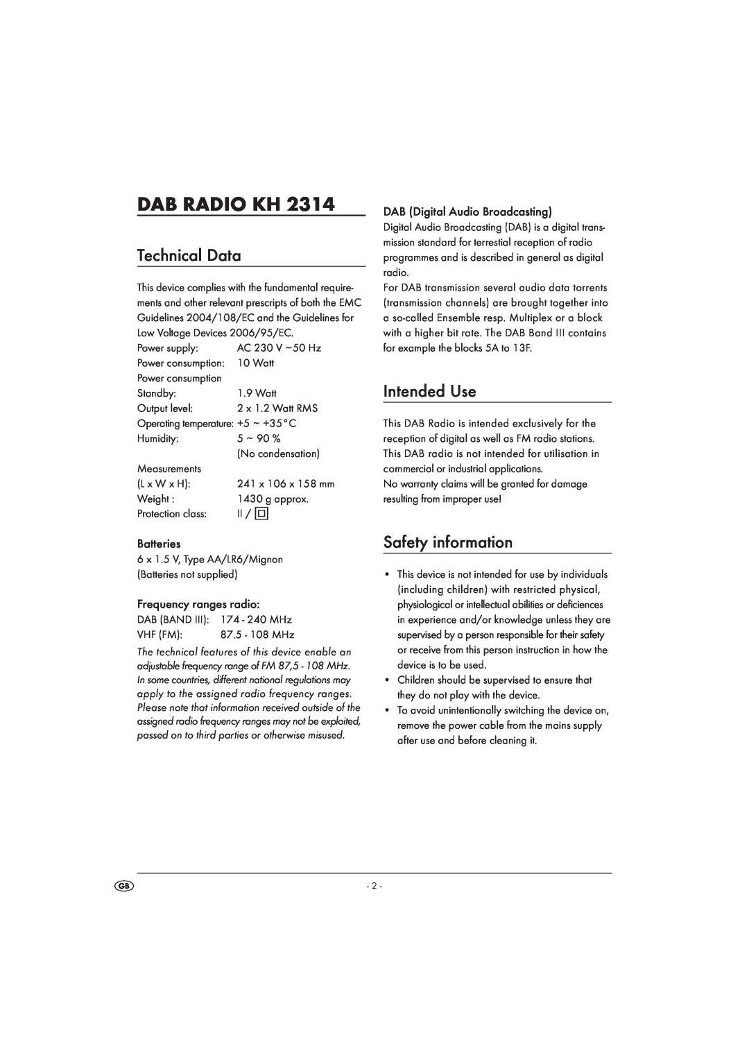 Kompernass KH 2314 manual Dab Radio Kh, Technical Data, Intended Use, Safety information 