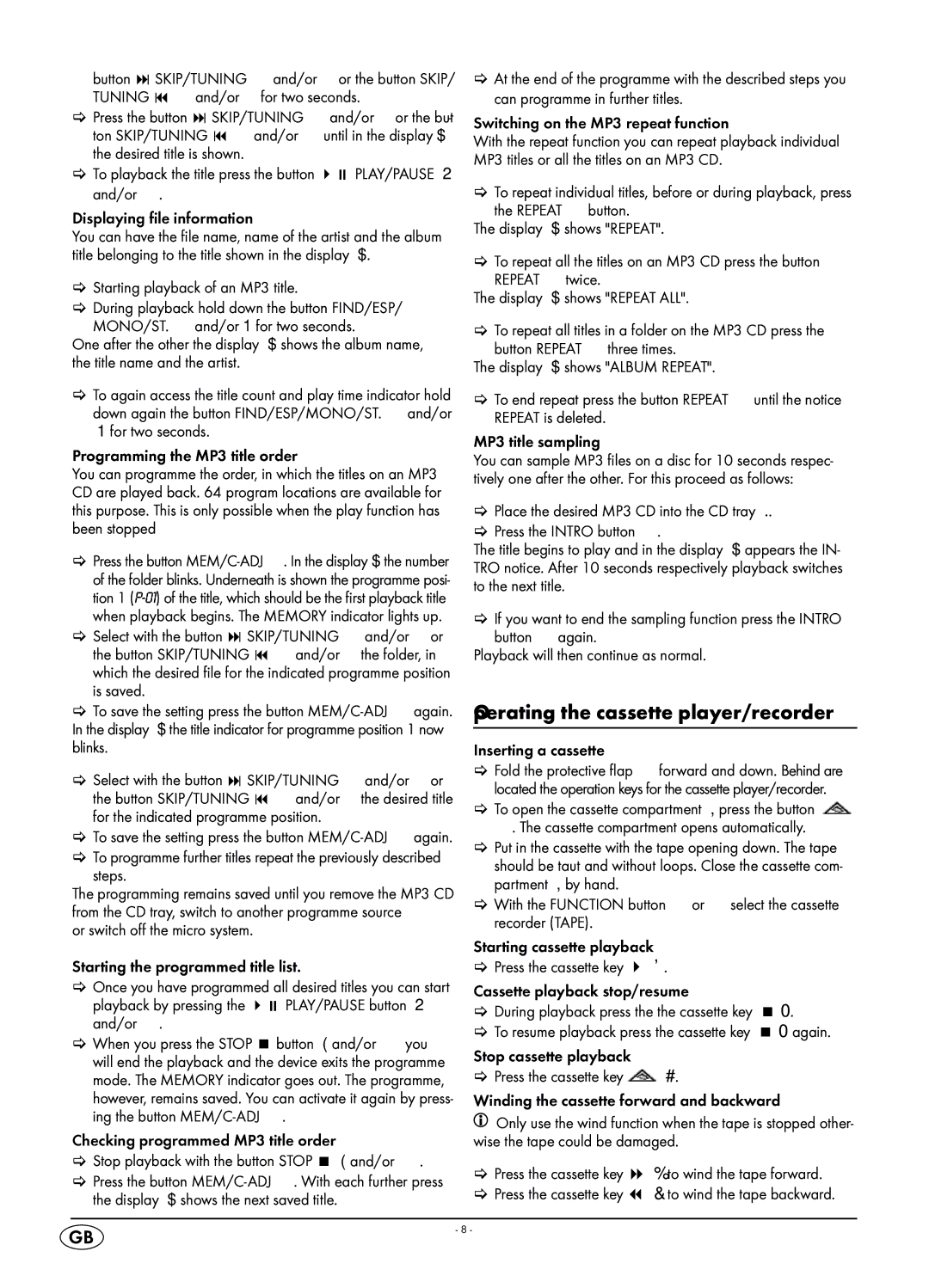 Kompernass KH 2316 manual Operating the cassette player/recorder, Starting playback of an MP3 title, Inserting a cassette 