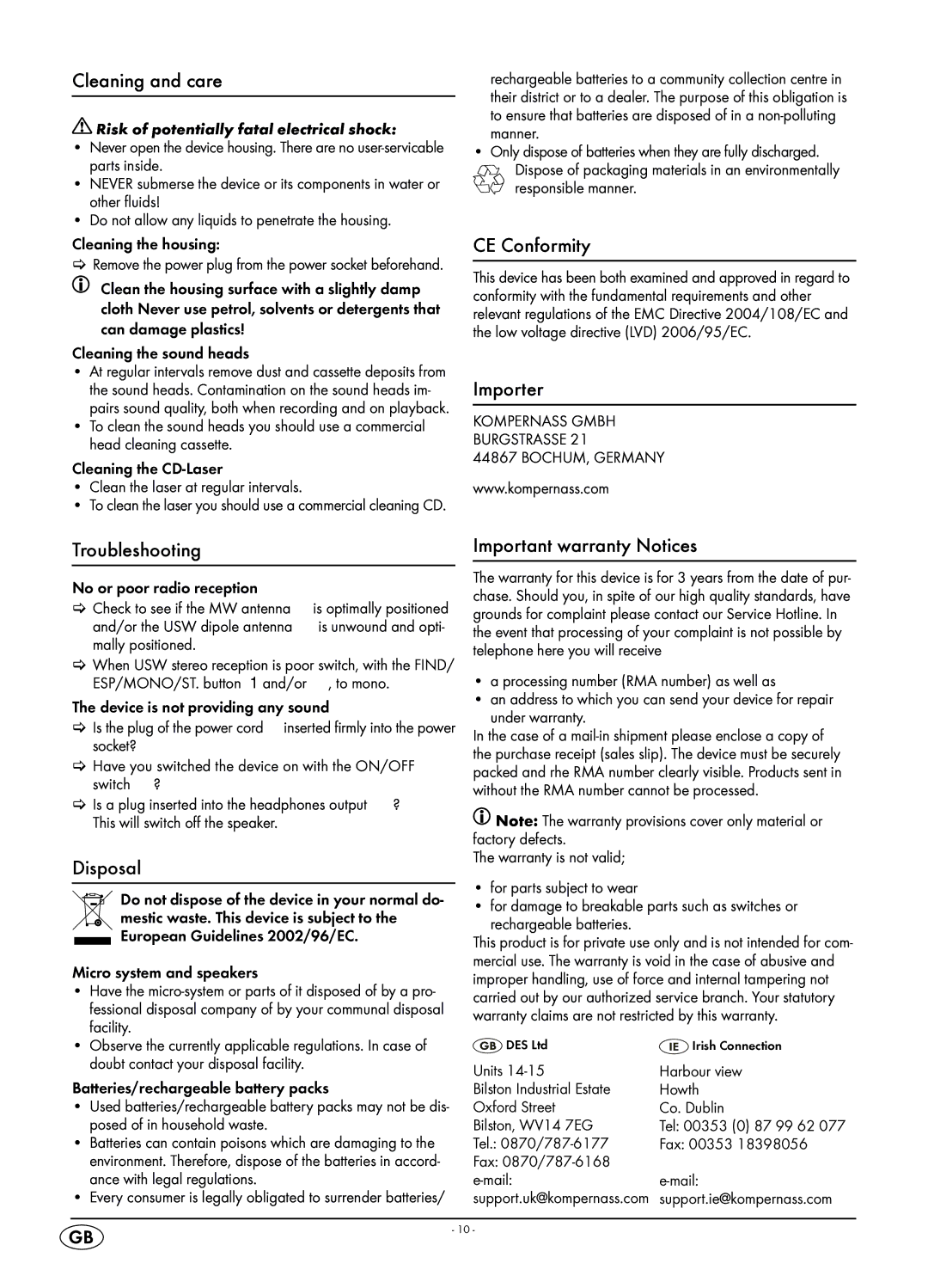 Kompernass KH 2316 manual Cleaning and care, CE Conformity, Importer, Troubleshooting, Disposal, Important warranty Notices 