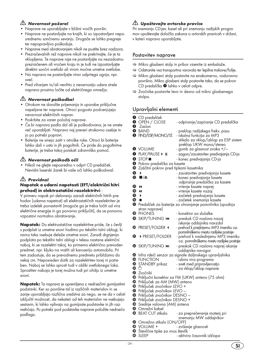 Kompernass KH 2316 manual Postavitev naprave, Upravljalni elementi 