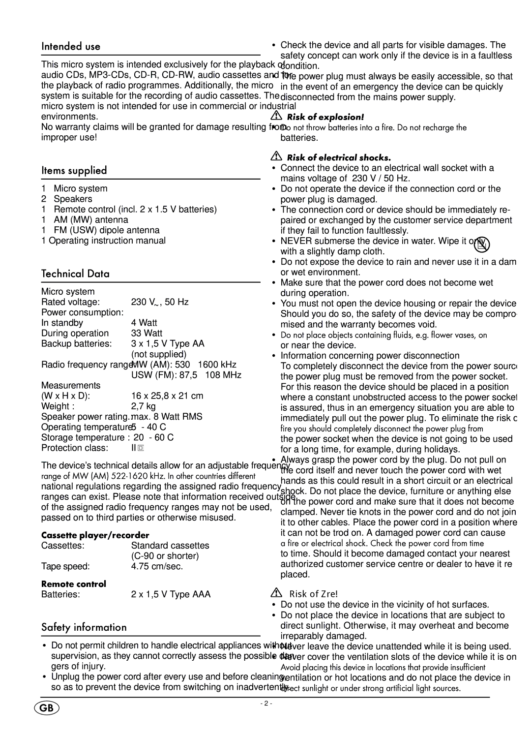 Kompernass KH 2316 manual Intended use, Items supplied, Technical Data, Safety information 