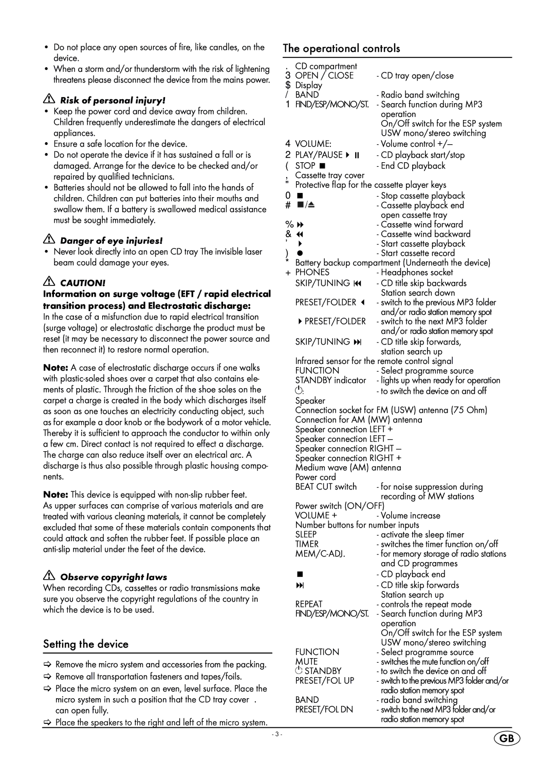 Kompernass KH 2316 manual Setting the device, Operational controls, Risk of personal injury, Observe copyright laws 