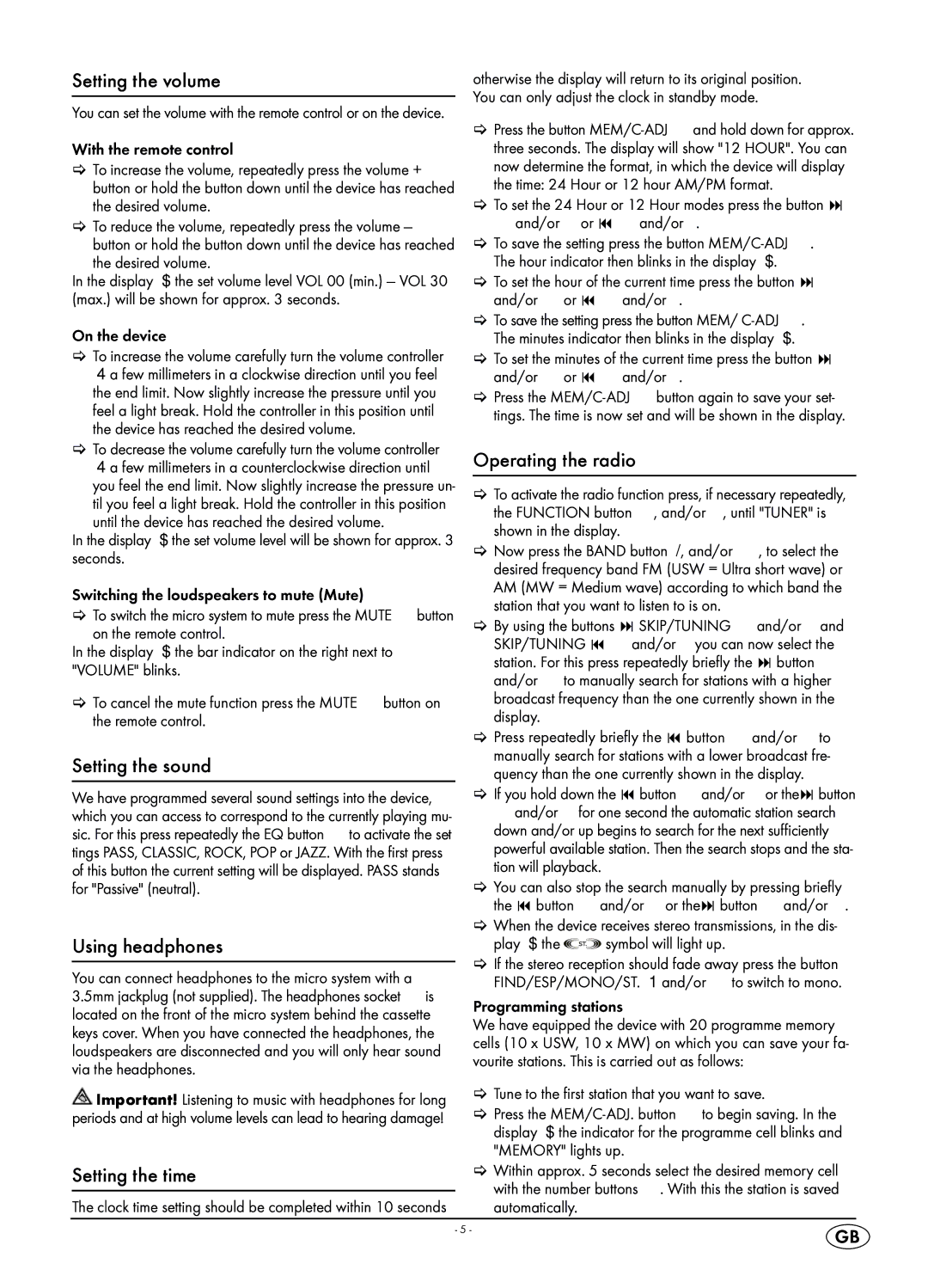 Kompernass KH 2316 manual Setting the volume, Setting the sound, Operating the radio, Using headphones, Setting the time 