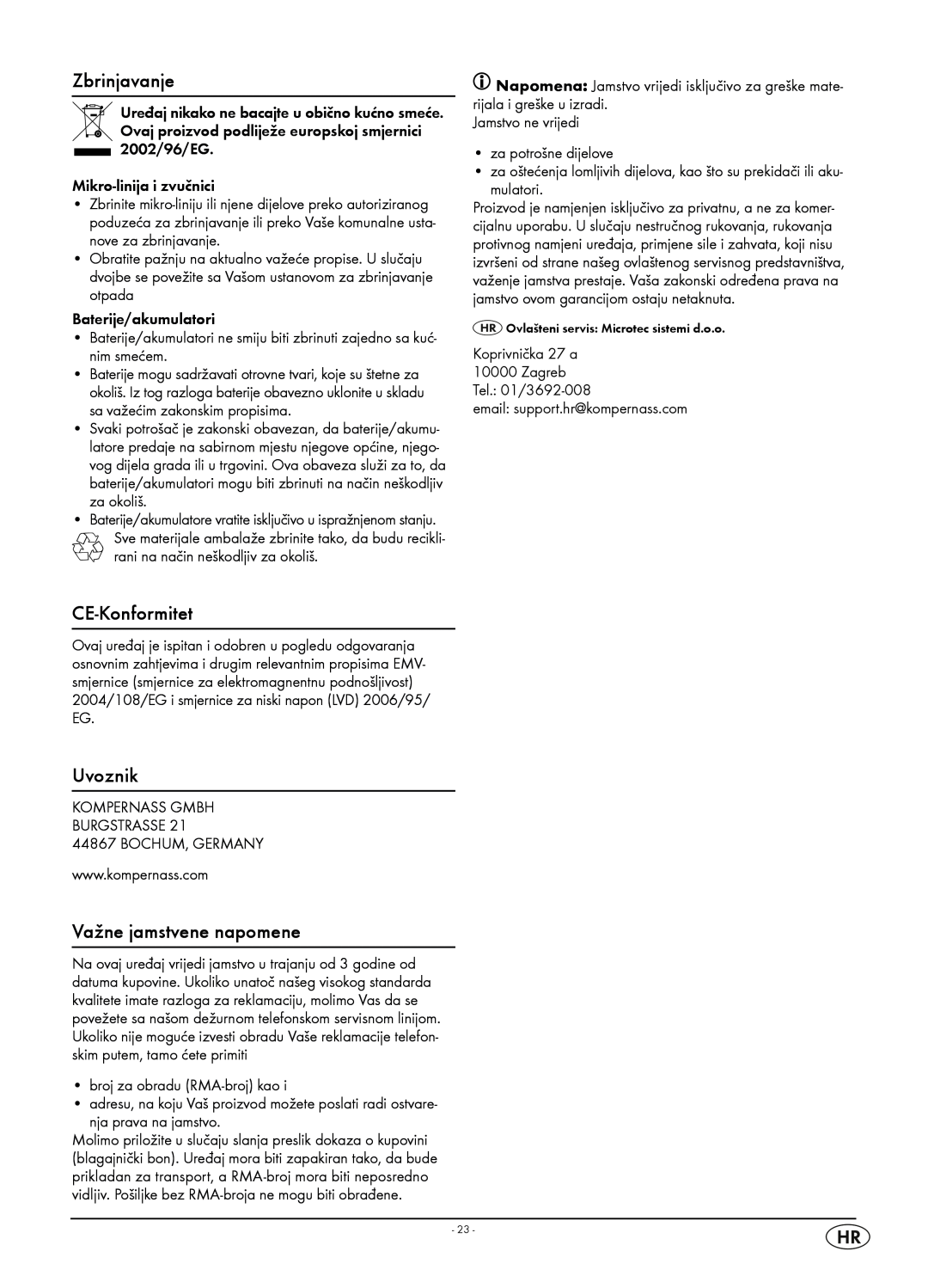 Kompernass KH 2316 manual Zbrinjavanje, CE-Konformitet, Uvoznik, Važne jamstvene napomene 