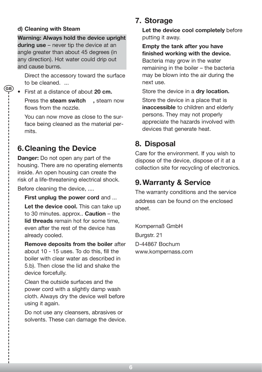 Kompernass KH 2323 manual Cleaning the Device, Storage, Disposal, Warranty & Service, Cleaning with Steam 