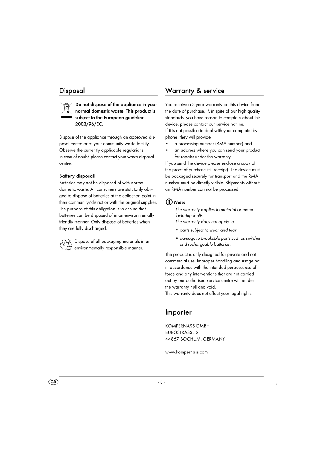 Kompernass KH 2328 manual Disposal, Importer, Battery disposal, Case of doubt, please contact your waste disposal centre 