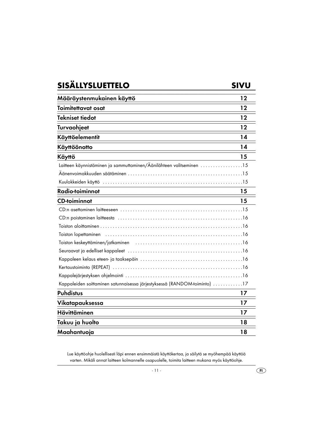 Kompernass KH 2328 manual Sisällysluettelo Sivu, Radio-toiminnot CD-toiminnot 