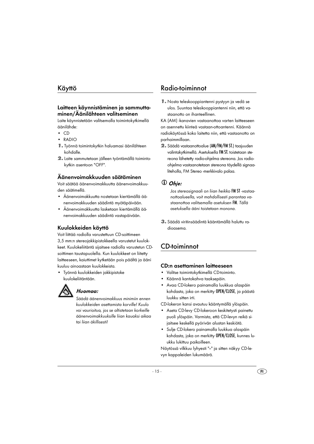 Kompernass KH 2328 manual Käyttö, Radio-toiminnot, CD-toiminnot 