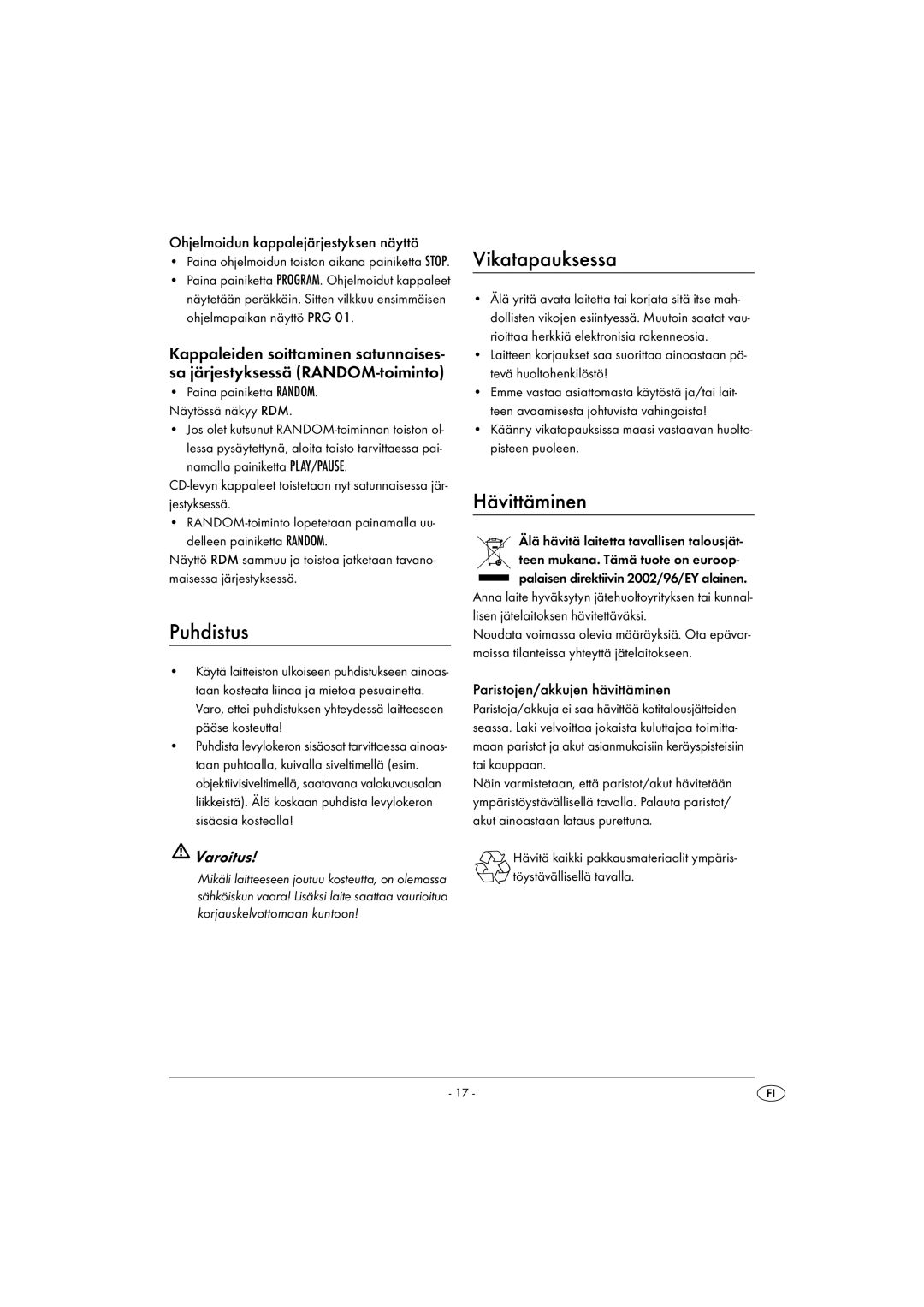 Kompernass KH 2328 manual Puhdistus, Vikatapauksessa, Hävittäminen, Varoitus 