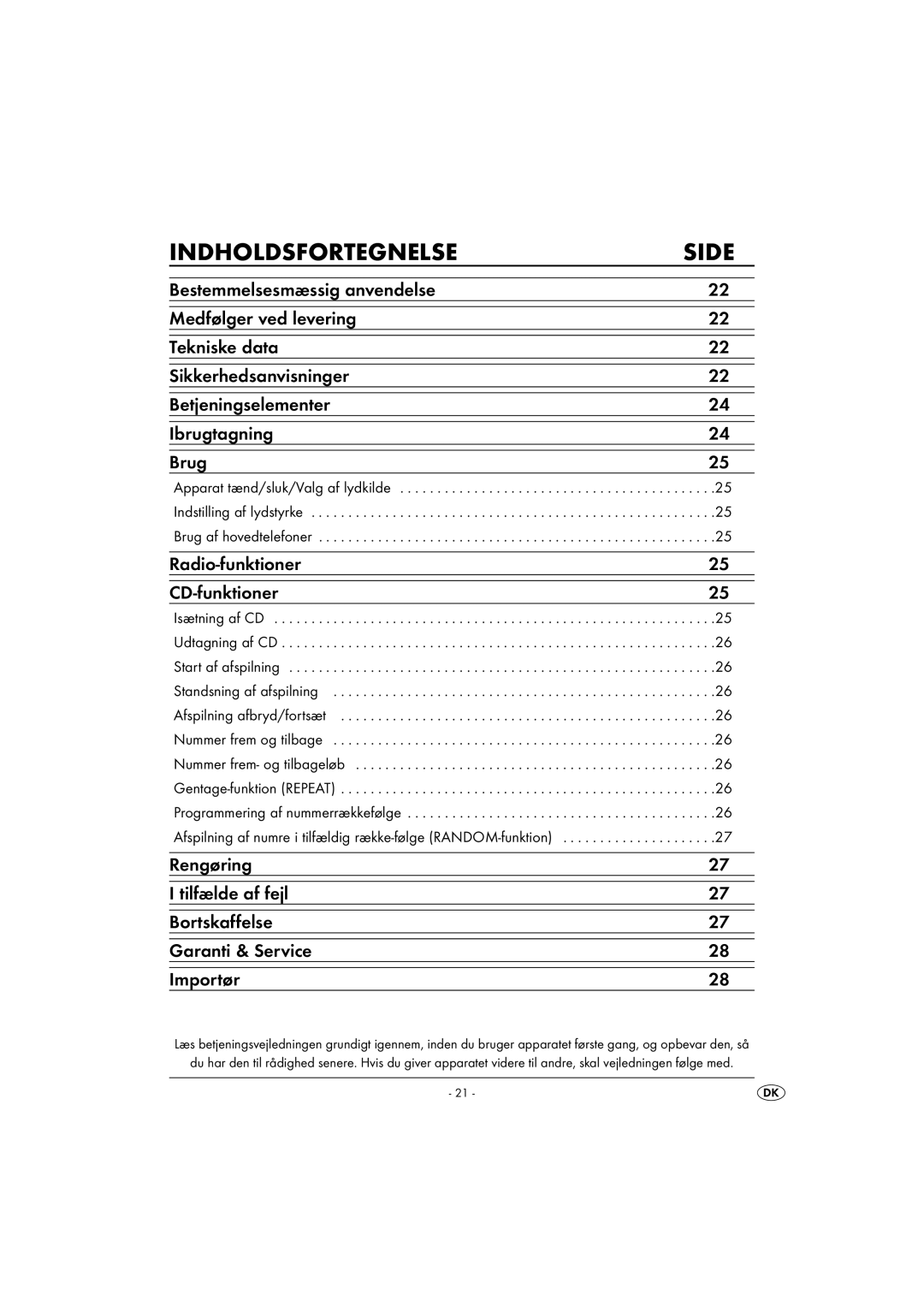 Kompernass KH 2328 manual Indholdsfortegnelse Side, Radio-funktioner CD-funktioner 