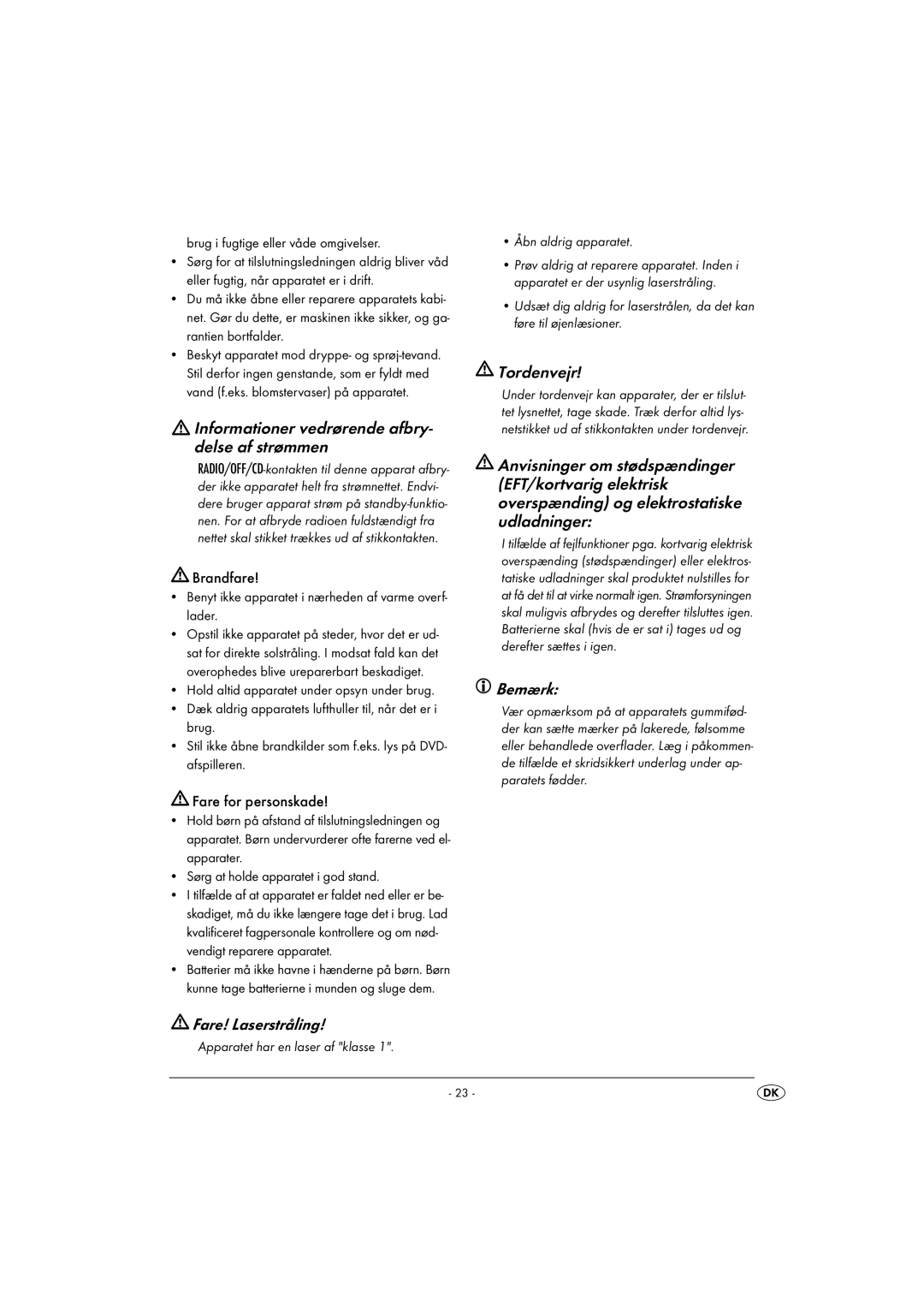 Kompernass KH 2328 manual Informationer vedrørende afbry- delse af strømmen, Fare! Laserstråling, Tordenvejr, Bemærk 