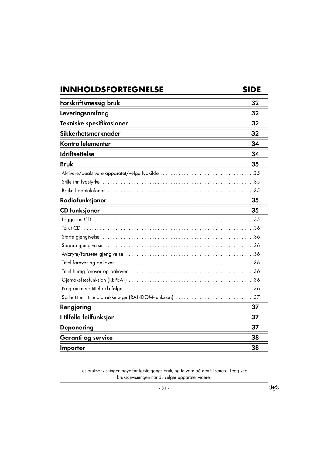 Kompernass KH 2328 manual Innholdsfortegnelse Side, Radiofunksjoner CD-funksjoner 