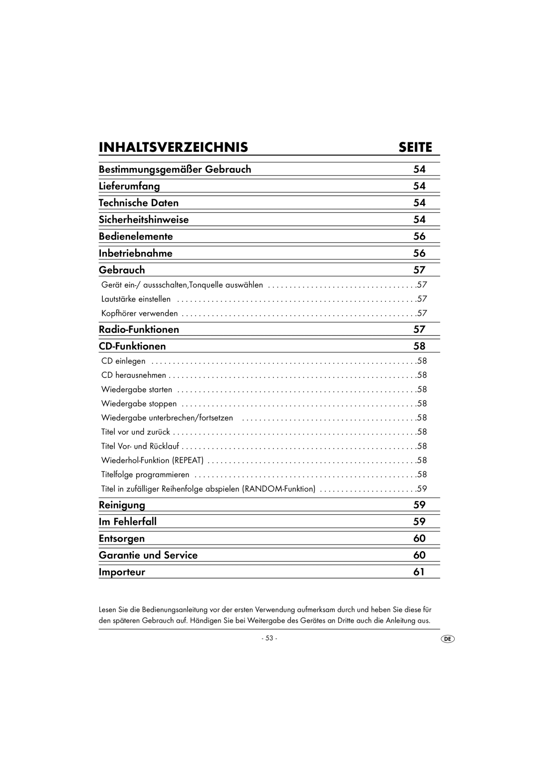 Kompernass KH 2328 manual Inhaltsverzeichnis Seite, Radio-Funktionen CD-Funktionen 