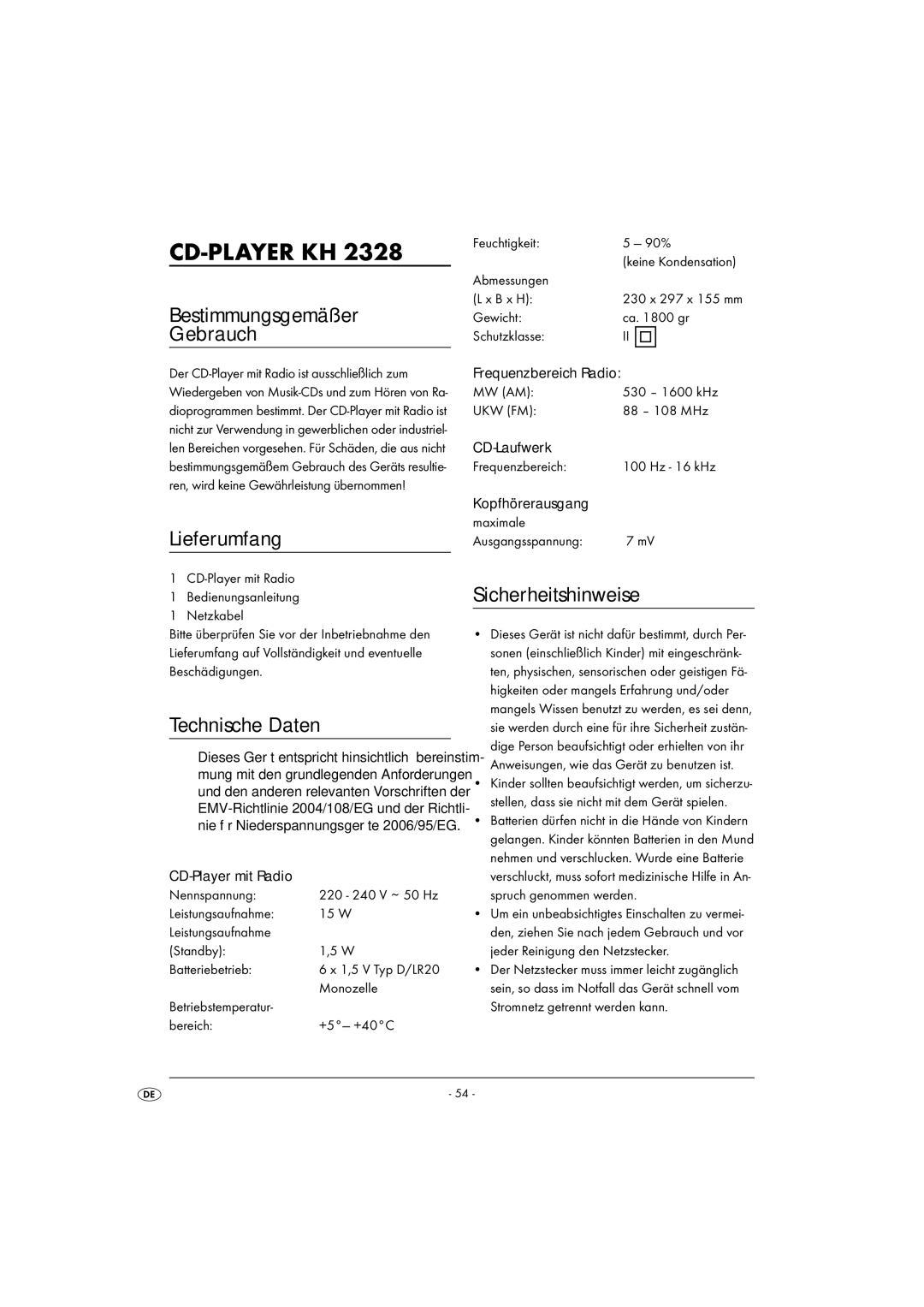 Kompernass KH 2328 manual Bestimmungsgemäßer Gebrauch, Lieferumfang, Technische Daten, Sicherheitshinweise 