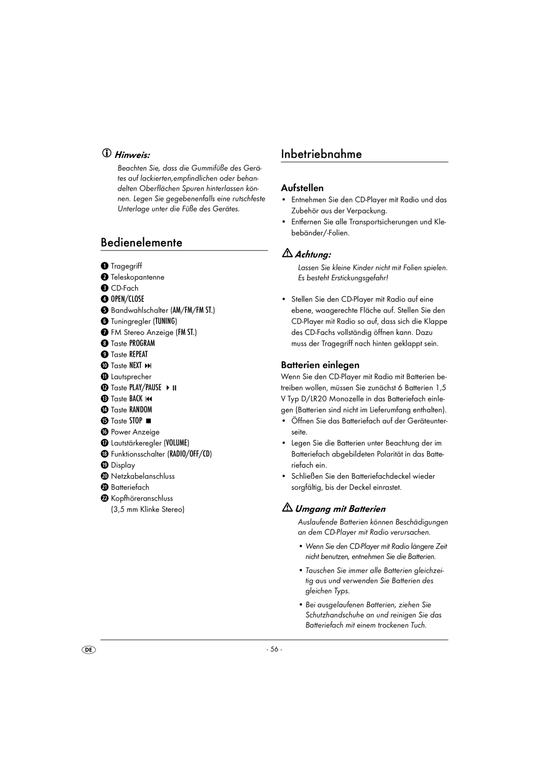 Kompernass KH 2328 manual Bedienelemente, Inbetriebnahme, Hinweis, Achtung, Umgang mit Batterien 