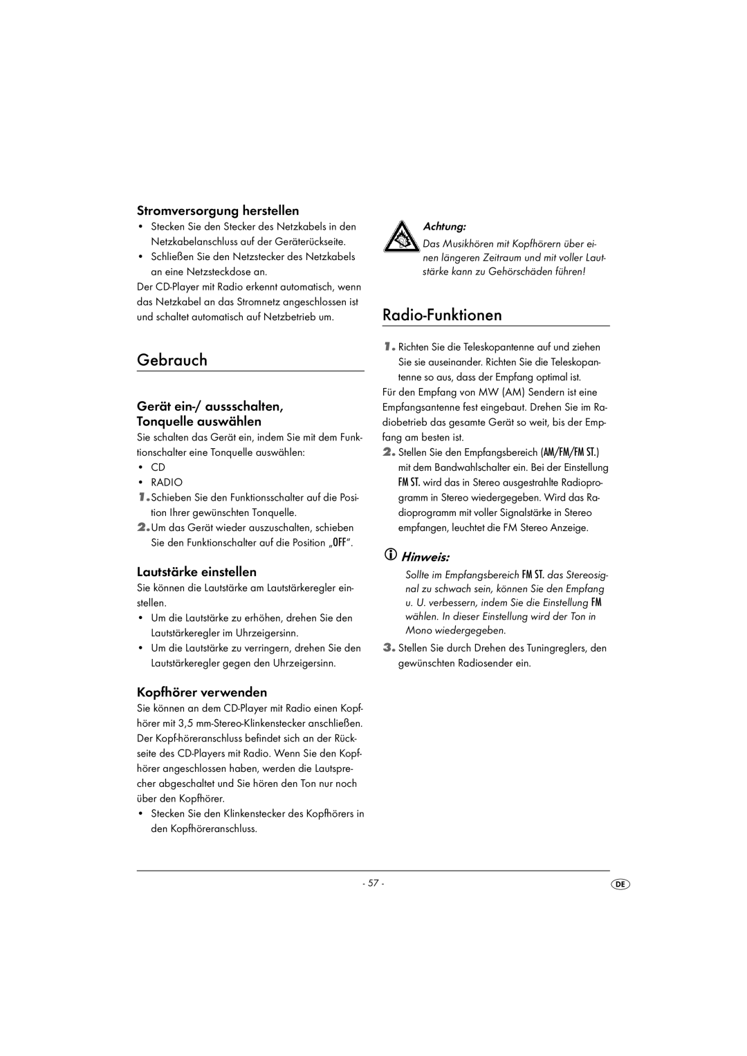 Kompernass KH 2328 manual Radio-Funktionen, Stromversorgung herstellen, Gerät ein-/ aussschalten Tonquelle auswählen 