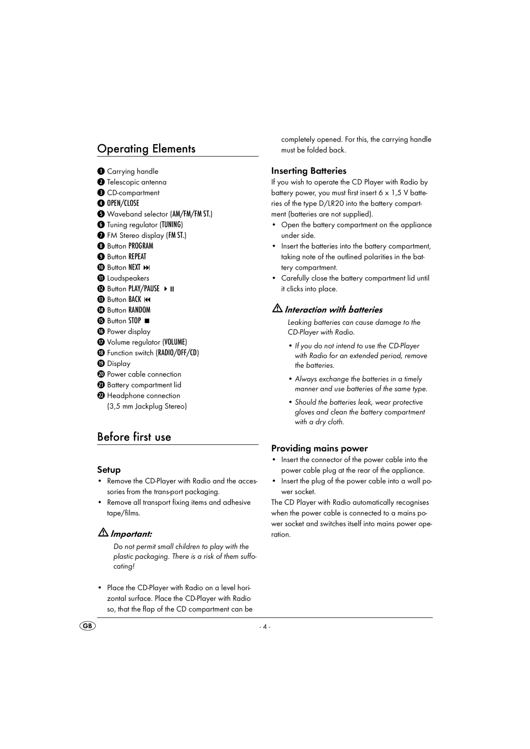 Kompernass KH 2328 manual Operating Elements, Before first use, Interaction with batteries 