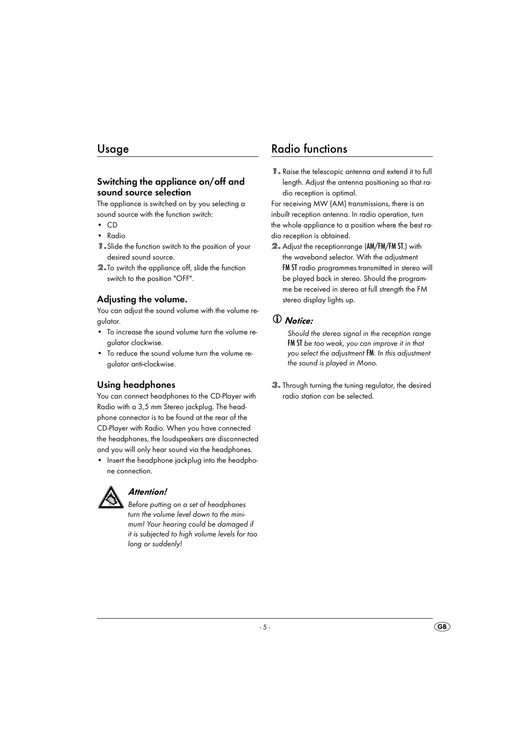 Kompernass KH 2328 manual Usage, Switching the appliance on/off and sound source selection, Adjusting the volume 