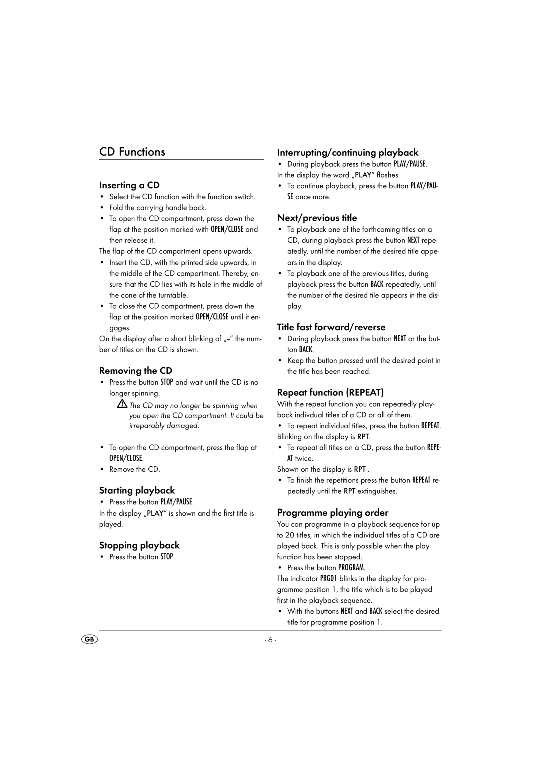 Kompernass KH 2328 manual CD Functions 