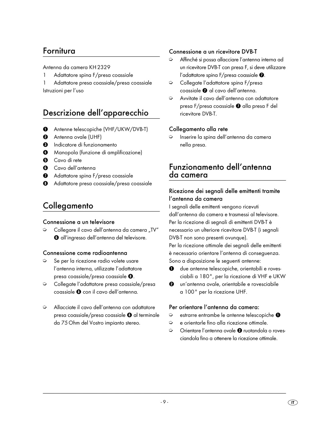 Kompernass KH 2329 manual Fornitura, Descrizione dell’apparecchio, Collegamento, Funzionamento dell’antenna da camera 